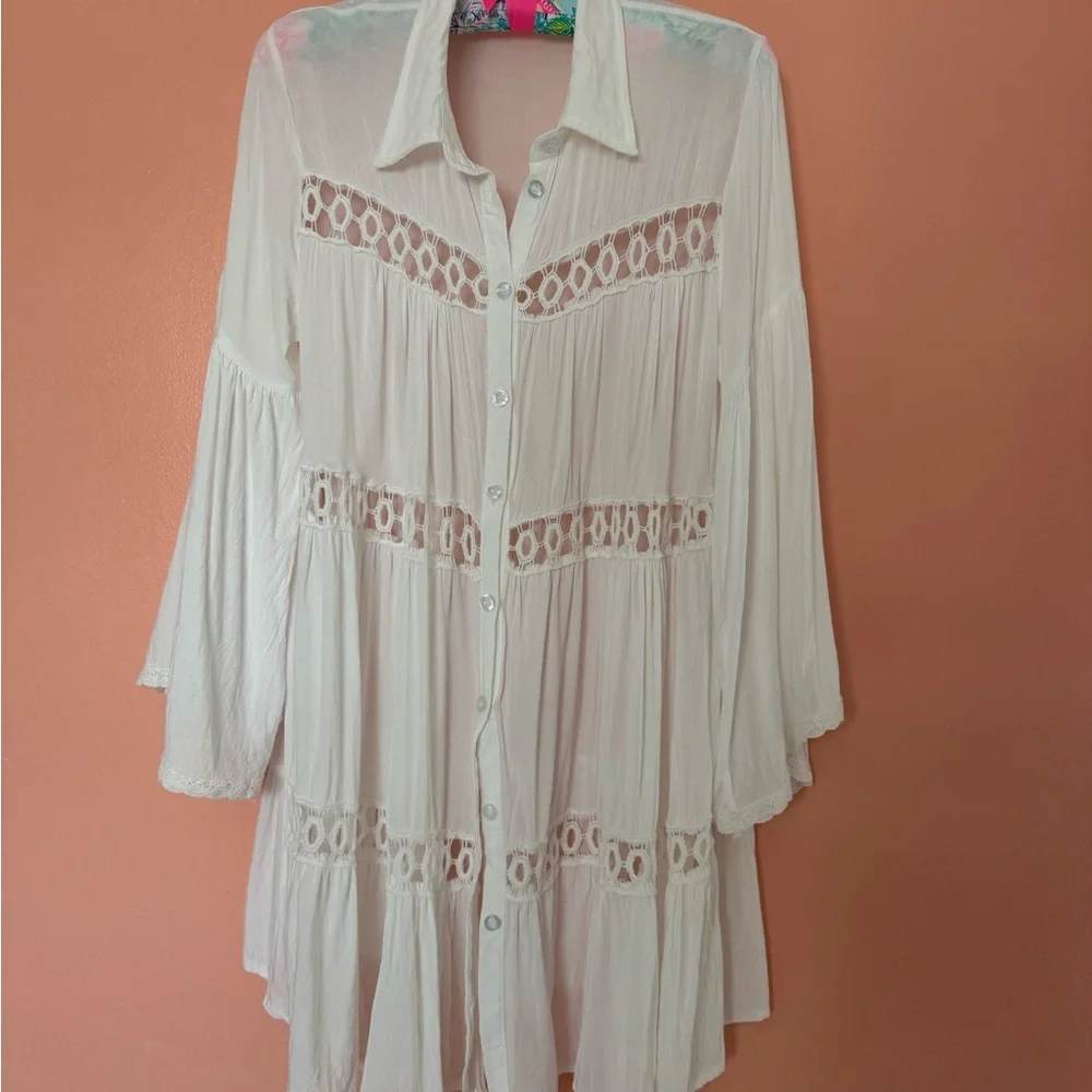 🦩🌴BOHO Beach cover up White Button-Up Tunic with Lace Details🌴🦩 - Picture 4 of 12